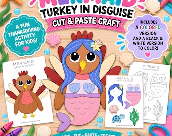 Turkey Disguise Mermaid Costume Printable, Disguise a Turkey Cut and Paste Thanksgiving Craft for Kids