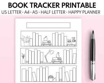May include: A printable book tracker with three shelves, each with spaces to draw books. The shelves are decorated with plants, a lamp, a pear, and an apple. The text "BOOK TRACKER PRINTABLE" is at the top of the page. The text "US LETTER • A4 • A5 • HALF LETTER • HAPPY PLANNER" is below the title.