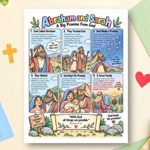 May include: A colorful educational poster titled Abraham and Sarah: A Big Promise from God. It features six illustrated comic-style panels depicting biblical scenes with text, ending with a scroll containing the quote With God all things are possible.