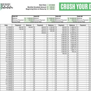 May include: A debt payoff calculator spreadsheet with a green header that says "Crush Your Debt!" The spreadsheet is divided into columns for month, date, payment, balance, and debt number. The spreadsheet is designed to help people pay off their debt using the snowball method.
