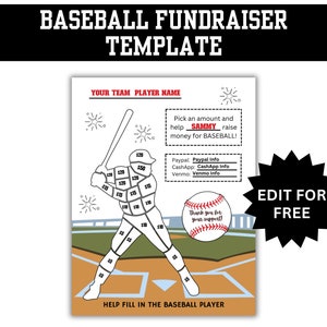 Editable Baseball Player Fill In Fundraiser, Baseball Fundraiser Sheet, Fundraiser Template - Editable in Canva