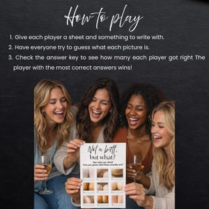 May include: A group of four women laughing while holding a game card. The card reads "Not a butt, but what?" with a series of images. The text "How to play" is at the top, with instructions. The women are holding glasses of wine.