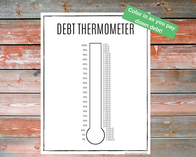 May include: A black and white printable debt thermometer with a thermometer graphic and a scale from 0% to 100% with corresponding dollar amounts. The text "DEBT THERMOMETER" is at the top of the page. The text "Color in as you pay down debt!" is in a speech bubble at the top right corner of the page.