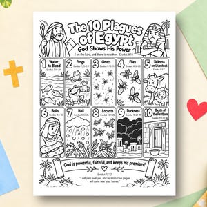 May include: A black and white coloring page titled The 10 Plagues of Egypt, featuring ten numbered panels illustrating biblical events, including water to blood, frogs, gnats, flies, livestock sickness, boils, hail, locusts, darkness, and death.