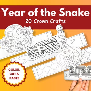 Modello di cappello a corona di carta per i 20 anni del serpente, progetto di bricolage fai da te per bambini, pagine da colorare per il capodanno lunare, attività per il capodanno cinese