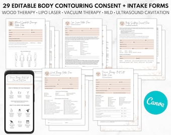 Editable Body Contouring Consent Forms, Body Sculpting, Vacuum Therapy, Wood Therapy, Lipo Laser, MLD, Fat Cavitation - Customize in Canva