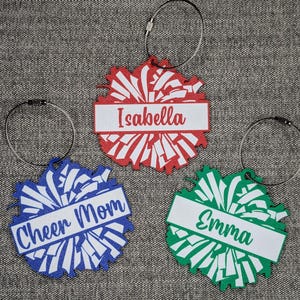 Custom Name Tag, Pom Pom Bag Tag Charm, Cheer Custom Keychain, Sports Team Bag Tag, Cheer Mom Custom Keychain, 3D Printed Name