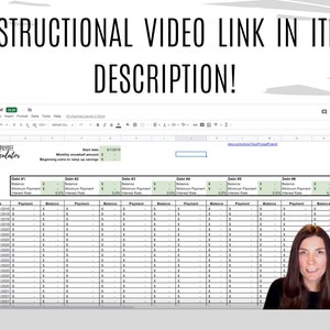 May include: A green and white spreadsheet with the title "Debt Payoff Calculator" and a woman in the bottom right corner of the image. The spreadsheet has columns for "Month", "Date", "Balance", "Minimum Payment", "Interest Rate", and "Payment". The spreadsheet is labeled "Debt #1" through "Debt #7". The text "Instructional Video Link in Item Description!" is at the top of the image.