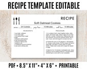 Recipe Template Editable, Recipe Card Template, Custom Recipe Card, Recipe Printable - Editable PDF