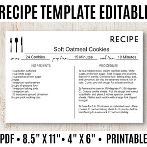 Recipe Template Editable, Recipe Card Template, Custom Recipe Card, Recipe Printable - Editable PDF