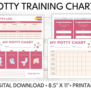 May include: Printable potty training charts with a pink and white color scheme. The charts include a potty log, a my potty chart with stickers, and a congratulations chart. The charts are 8.5 inches by 11 inches.