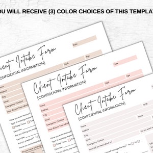 May include: Three client intake forms with a pink and white color scheme. The forms include fields for name, address, city, email, emergency contact, how did you hear about us, have you ever received massage therapy, type of massage experience, deep tissue, Swedish, describe, are you taking any medication, describe, are you pregnant, yes or no, have you consumed alcohol, yes or no, do you have a history of, date, DOB, age, state, occupation, phone, zip, do you want us to email you promotions, please indicate your preference, salt, sugar, caffeine, none, light.