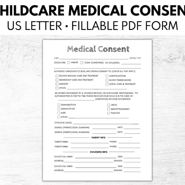 Childcare Medical Consent Form, Babysitter Information, Childcare Planner, In Case of Emergency, Fillable PDF