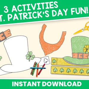 May include: Printable St. Patrick's Day craft activity with three different designs: a leprechaun hat, a leprechaun beard, and a leprechaun hat headband. The designs are outlined in black and ready to be coloured in.