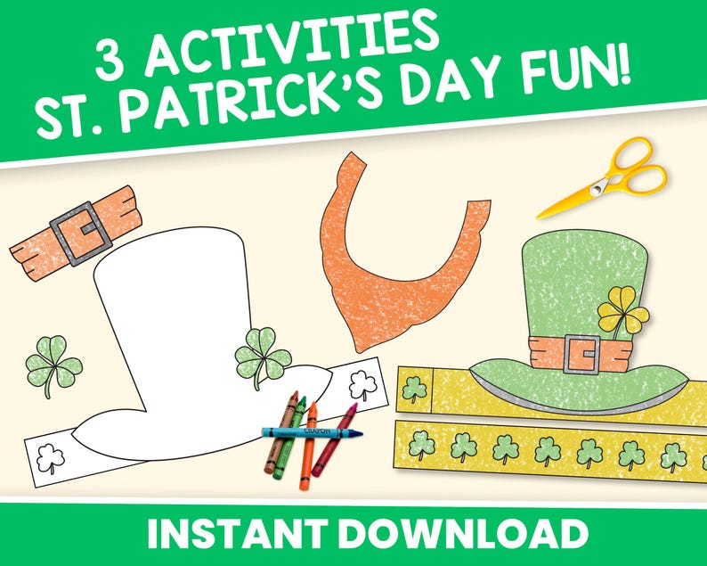 May include: Printable St. Patrick's Day craft activity with three different designs: a leprechaun hat, a leprechaun beard, and a leprechaun hat headband. The designs are outlined in black and ready to be coloured in.