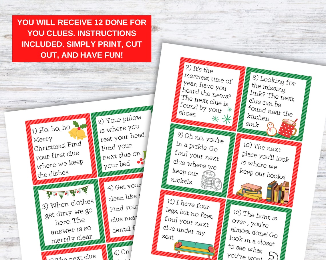 Printable Christmas Scavenger Hunt Cards, Scavenger Hunt Clues ...