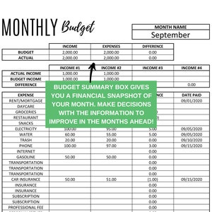May include: A monthly budget spreadsheet with categories for income, expenses, and a budget summary box. The spreadsheet includes a date paid column and a difference column for each category.