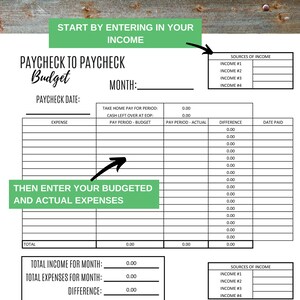 May include: A printable budget worksheet with sections for income, expenses, and a total difference. The worksheet is titled "Paycheck to Paycheck Budget" and includes fields for entering dates, amounts, and descriptions.