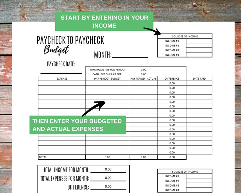 May include: A printable budget worksheet with sections for income, expenses, and a total difference. The worksheet is titled "Paycheck to Paycheck Budget" and includes fields for entering dates, amounts, and descriptions.