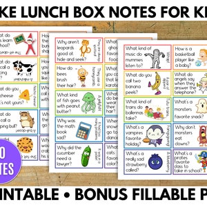 May include: A set of 30 printable lunchbox notes for kids with jokes and riddles. The notes feature colourful illustrations of various characters and objects, such as a cow, a bee, a jellyfish, a ghost, a monster, a vampire, a clown, a pirate, and a blueberry. The notes are designed to be cut out and placed in lunchboxes to provide a fun and engaging activity for children.