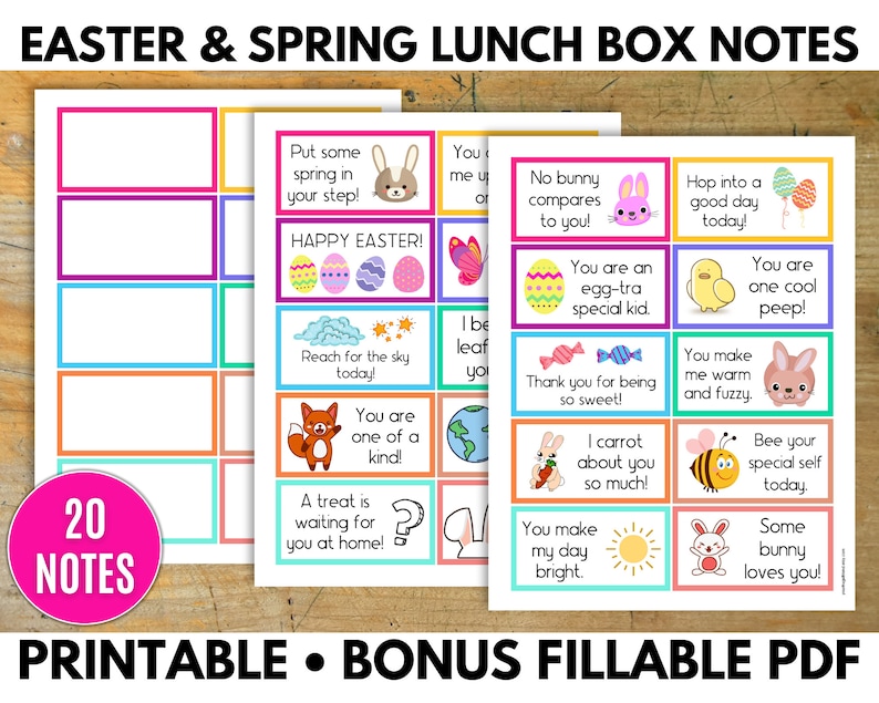 May include: Twenty printable lunchbox notes with an Easter and spring theme. The notes feature colorful borders and illustrations of bunnies, chicks, foxes, bees, and carrots. The notes include phrases like "Happy Easter!" and "You are one of a kind!"