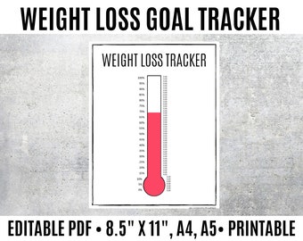 May include: Printable weight loss goal tracker with a thermometer design. The thermometer is filled with red to show progress towards a goal. The tracker is 8.5 inches by 11 inches and is available in A4 and A5 sizes.