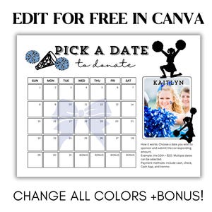 May include: A printable calendar with a cheerleading theme. The calendar has a blue and white color scheme and features a cheerleader silhouette, a bow, and a photo of a girl in a cheerleading uniform. The text "Pick a Date to Donate" is at the top of the calendar.