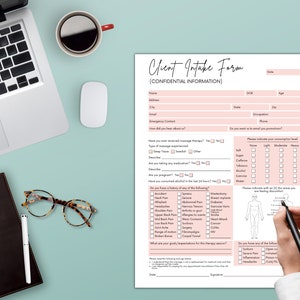 May include: A pink and white client intake form with sections for personal information, medical history, and a body diagram. The form includes questions about massage therapy, medication, alcohol consumption, and pain areas.