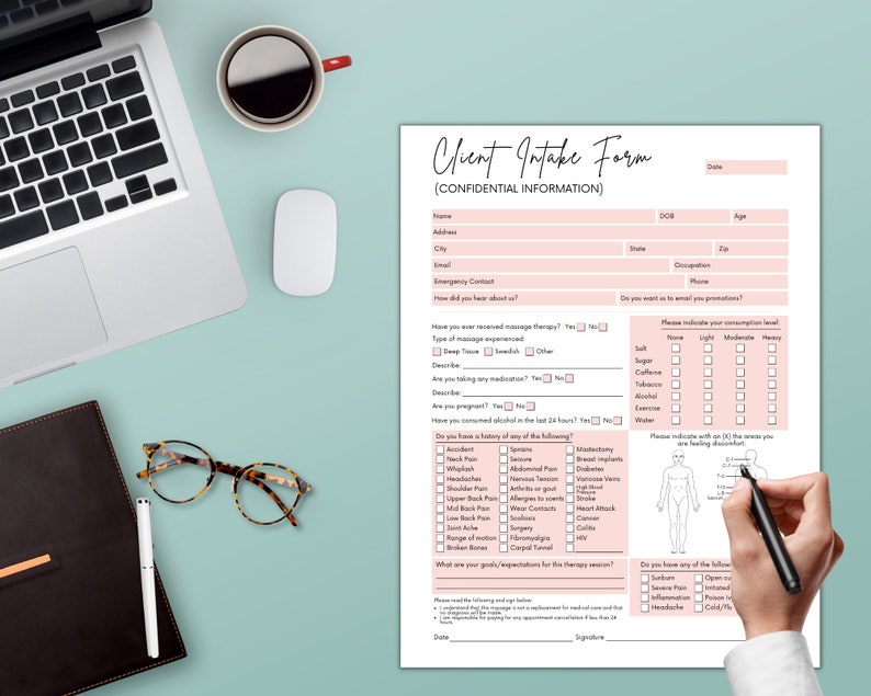 May include: A pink and white client intake form with sections for personal information, medical history, and a body diagram. The form includes questions about massage therapy, medication, alcohol consumption, and pain areas.