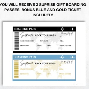 May include: Two printable boarding pass templates with a blue and gold design. The text on the passes reads "Surprise! Pack your bags! You're jetting off!"