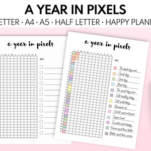 以下が含まれることがあります： ピクセルで1年をトラッキングするための印刷可能な2ページ。最初のページは空白で、1年間の各月に31個の正方形のグリッドがあります。2ページ目は、「最高の1日」、「素晴らしい日」、「良い日」、「悪い日」、「最悪の1日」、「今日は健康的に過ごせた」、「今日は体調が悪かった」、「ストレス」、「リラックスしてリラックス」、「とても疲れた」、「興奮して幸せ」、「悪くなってから良くなった」、「良くなってから悪くなった」など、さまざまな種類の日に対する色分けされたキーがあります。