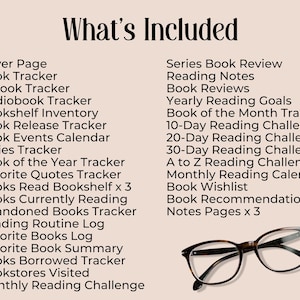 May include: A list of items included in a reading journal, such as a cover page, book tracker, reading notes, and a book of the year tracker. The list is printed on a light pink background with a pair of brown glasses at the bottom.