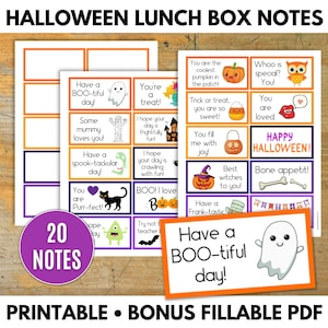 Può includere: Note per la scatola pranzo di Halloween stampabili con 20 messaggi diversi che presentano simpatici personaggi e design di Halloween. Le note sono in uno schema di colori viola e arancio e includono messaggi come "Have a BOO-tiful day!" e "You are Purr-fect!"