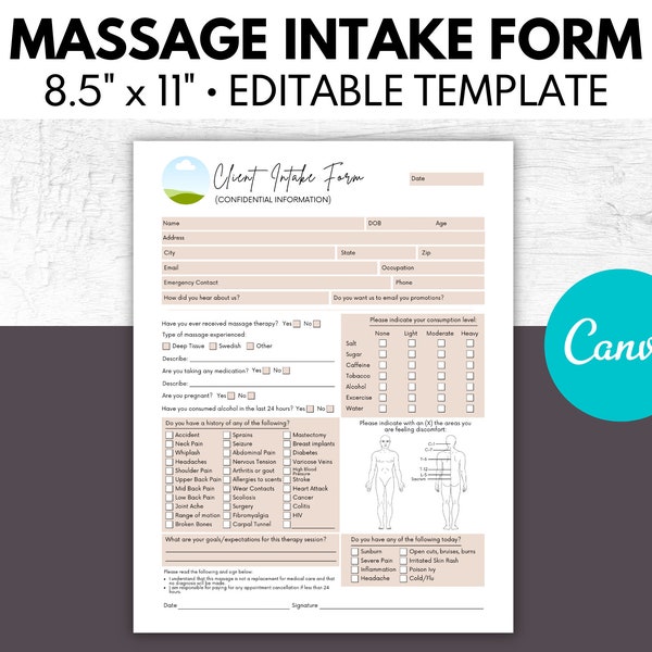 Massage-Intake-Formular, Massage-Einverständniserklärung, Masseur, Kosmetikerin Business Form, Anamnesken-Formular, Anpassen in Canva