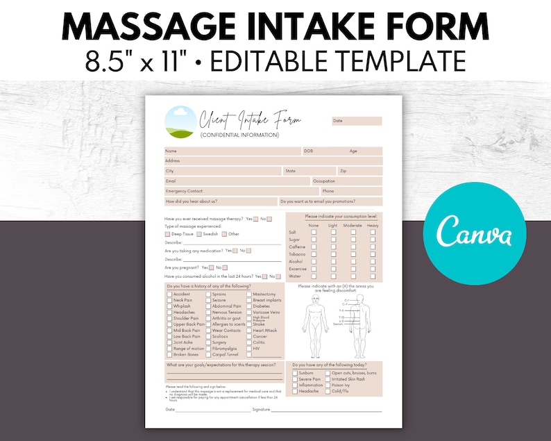 Massage-Intake-Formular, Massage-Einverständniserklärung, Masseur, Kosmetikerin Business Form, Anamnesken-Formular, Anpassen in Canva Bild 1
