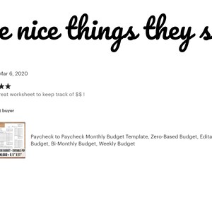 May include: A five-star review for a printable budget worksheet. The review reads "such a great worksheet to keep track of $$!" and is accompanied by a screenshot of the worksheet. The worksheet is titled "Paycheck to Paycheck Monthly Budget Template, Zero-Based Budget, Editable PDF, Bi-Weekly Budget, Bi-Monthly Budget, Weekly Budget".