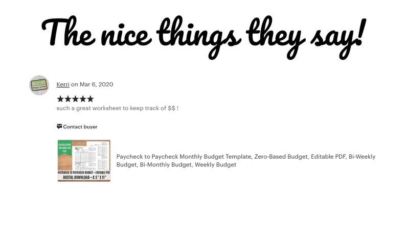 May include: A five-star review for a printable budget worksheet. The review reads "such a great worksheet to keep track of $$!" and is accompanied by a screenshot of the worksheet. The worksheet is titled "Paycheck to Paycheck Monthly Budget Template, Zero-Based Budget, Editable PDF, Bi-Weekly Budget, Bi-Monthly Budget, Weekly Budget".