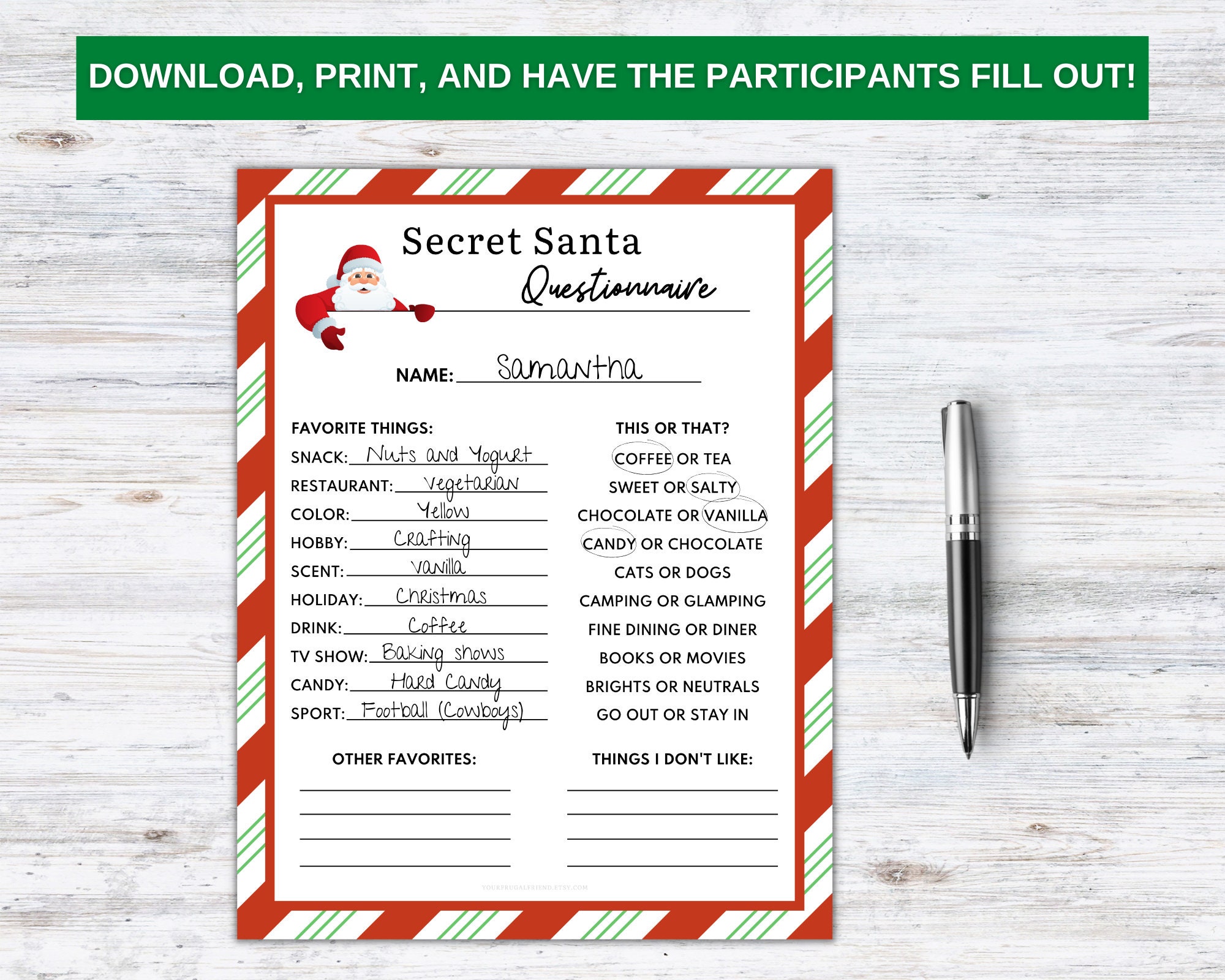 Secret Santa Questionnaire Printable Christmas Wish List - Etsy