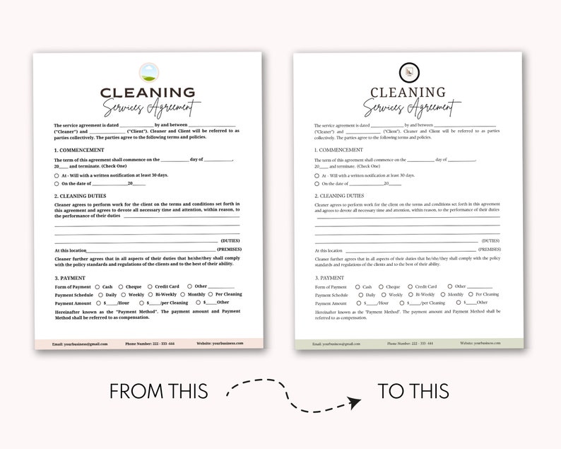 May include: A cleaning services agreement template with a green leaf icon. The document includes sections for commencement, cleaning duties, payment, and contact information. The text "From This" and "To This" are written on the bottom of the page.