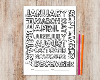 May include: A printable black and white calendar puzzle featuring the months of the year in a word search format. The puzzle includes the words "January", "February", "March", "April", "May", "June", "July", "August", "September", "October", "November", and "December".