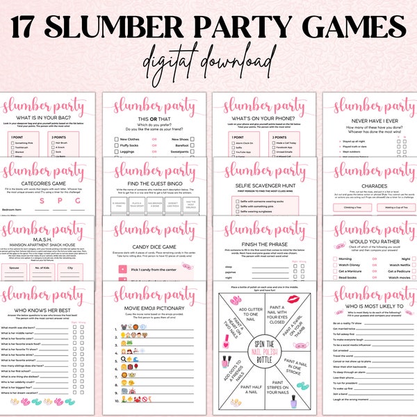 Pyjama Party Spiele, Sleepover Party, Geburtstag Party Spiele, druckbare PDF