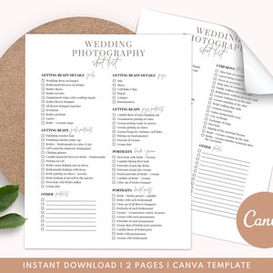 Wedding Photography Shot List, Wedding Photographer Check List, Wedding Checklist, Wedding Shot List, Customize in Canva