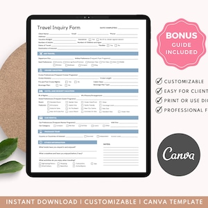 Travel Agent Client Intake Form, Travel Inquiry Form, Client Travel Inquiry Form, Travel Agency Forms, Travel Advisor - Edit free in Canva!