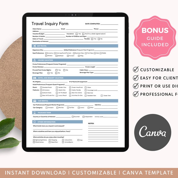 Travel Agent Client Intake Form, Travel Inquiry Form, Client Travel Inquiry Form, Travel Agency Forms, Travel Advisor - Edit free in Canva!