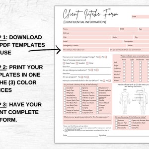 May include: A pink and white client intake form with sections for personal information, medical history, and areas of pain. The form includes a body diagram for marking areas of pain and a section for goals and expectations for the therapy session.