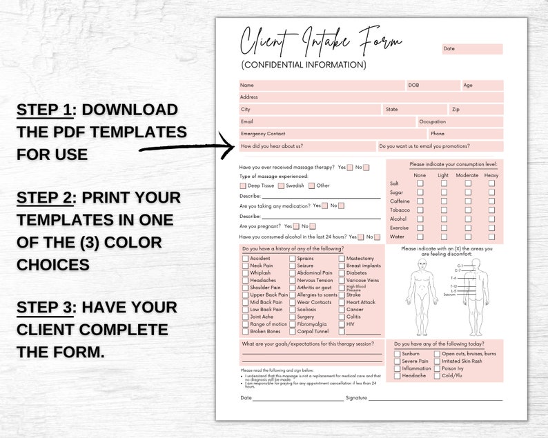 May include: A pink and white client intake form with sections for personal information, medical history, and areas of pain. The form includes a body diagram for marking areas of pain and a section for goals and expectations for the therapy session.