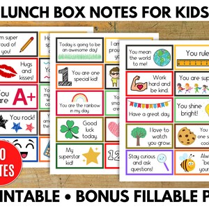 Puede incluir: Un conjunto de 30 notas para la lonchera imprimibles para niños. Las notas presentan mensajes positivos e ilustraciones, como un arcoíris, una estrella, una abeja y una galleta. Las notas están diseñadas para ser impresas y recortadas, y se pueden usar para animar y motivar a los niños.