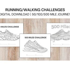 Könnte beinhalten: Druckbare Lauf- oder Walking-Challenge-Tracker. Drei Schwarzweißbilder von Turnschuhen mit einem Rastermuster. Die Bilder sind mit "50 Miles Challenge", "100 Miles Challenge" und "500 Miles" beschriftet.