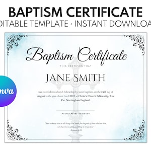 Plantilla de certificado de bautismo editable, certificado de bautismo, recuerdo para la familia, bautismo infantil personalizado, bautismo en agua