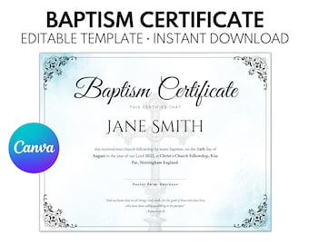 Puede incluir: Una plantilla de certificado de bautismo azul y blanco con una cruz y diseños florales. El texto dice "Certificado de bautismo" y "Esto certifica que Jane Smith fue recibida en la comunión de la iglesia por el bautismo de agua, el 24 de agosto del año de nuestro Señor 2022, en Christ's Church Fellowship, Rise Par, Nottingham Inglaterra."